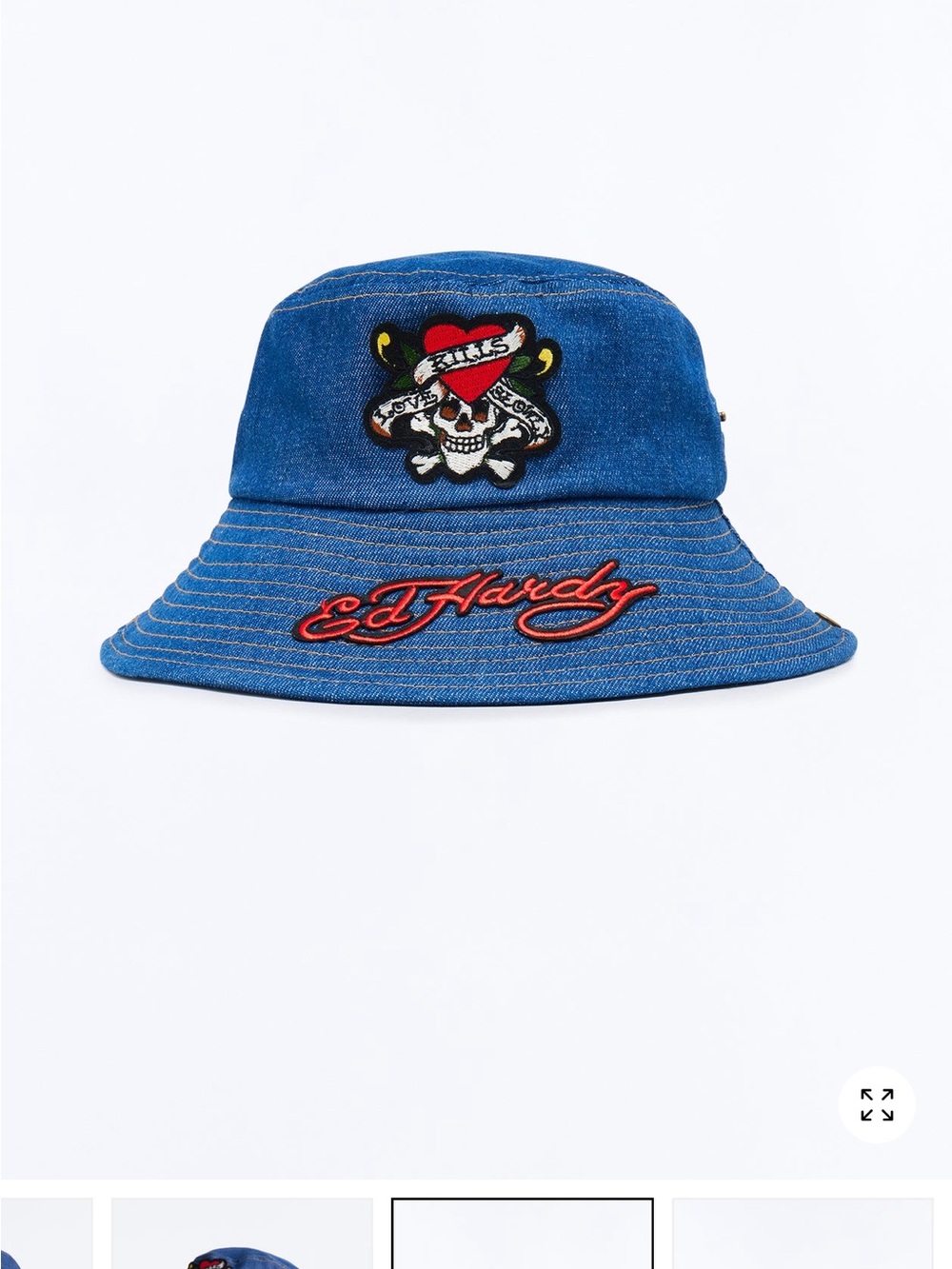 Ed Hardy Denim Bucket Hat with Skull & Heart Patch